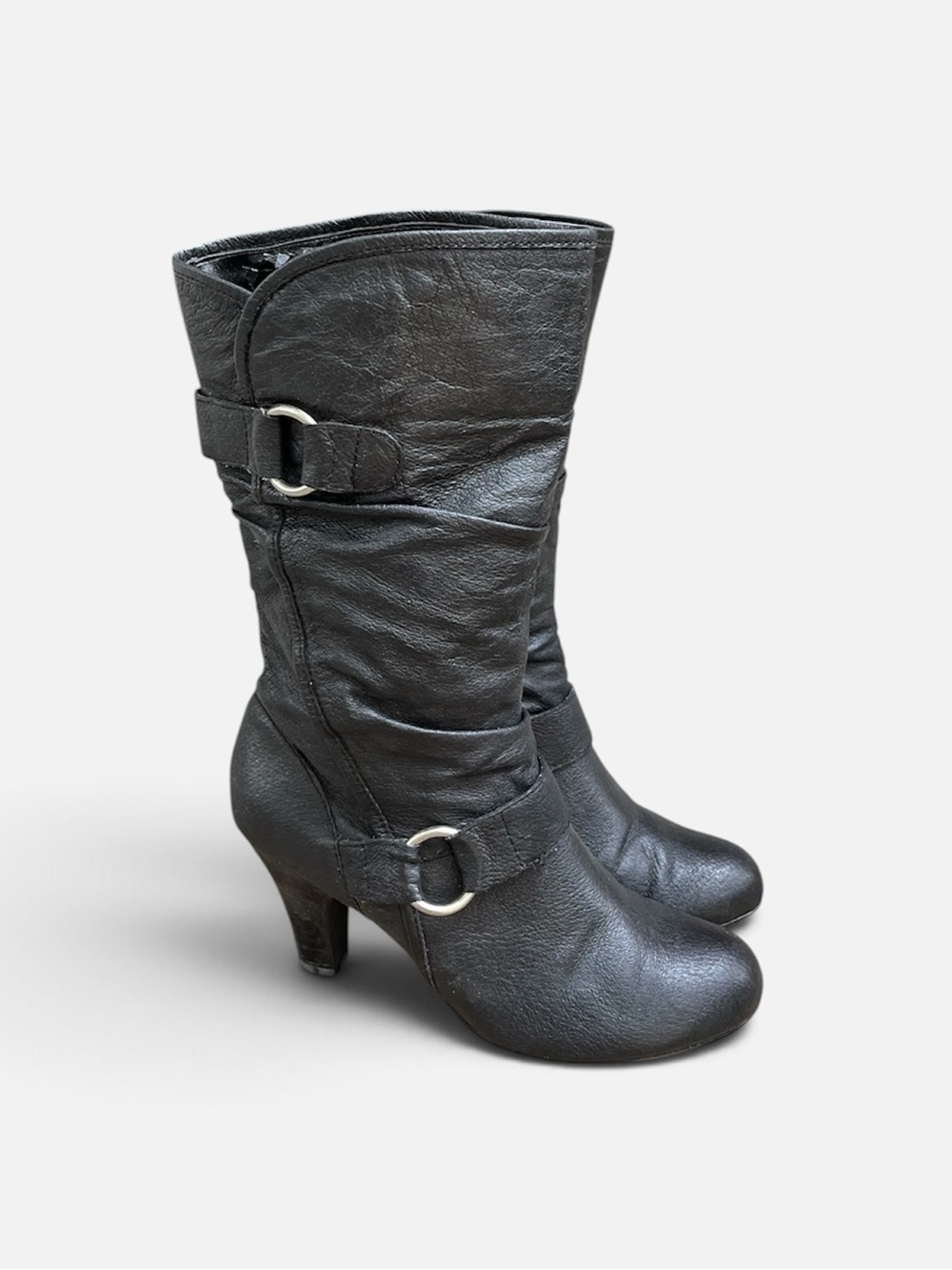 Coach & Four “Valarie” Mid-calf Leather O-Ring Heeled Boot in Black Size 6.5M
